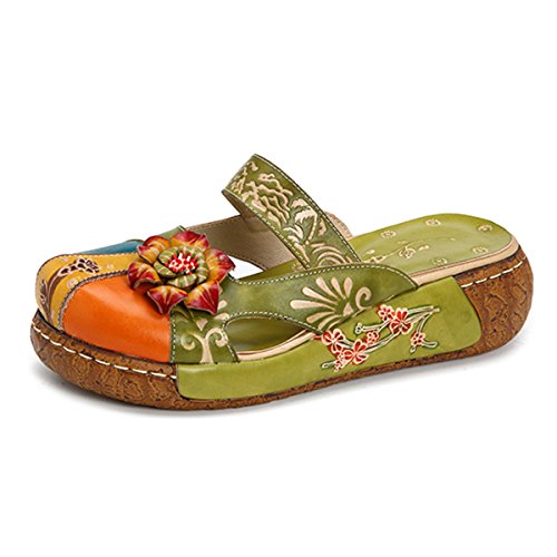 DBECK Clogs for Women Sandals Summer Leather Slippers Slip on Mules Flat Sandals Outdoor Anti Slip Platform Sandals Shoes Platform Colorful Handmade Flower Backless Loafer Shoes Green