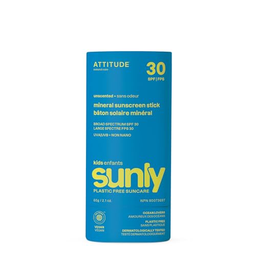 ATTITUDE Mineral Sunscreen Stick for Kids, SPF 30, EWG Verified, Plastic-Free, Broad Spectrum UVAUVB Protection with Zinc Oxide, Dermatologically Tested, Vegan, Unscented, 2.1 Ounces
