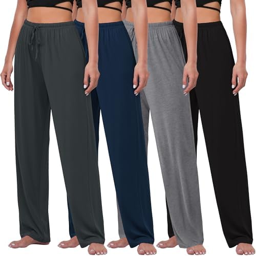 FEQO 4 Pack Womens Pajama Bottoms Lounge Pants Wide Leg Casual Yoga Pants Soft Drawstring Loose Sweatpants for Women