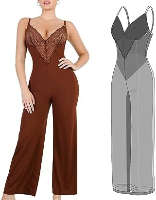 Popilush Lace Shapewear Jumpsuit for Women Built In Shapewear Backless V Neck Flare leggings Spaghetti Straps Wide Leg Romper