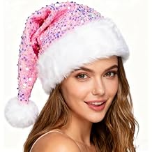Sequin Santa Hat for Women Adults, Fluffy Christmas Hat Cap Xmas Hats for New Year Festive Holiday Party