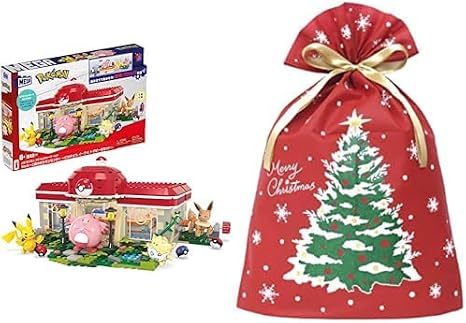 MEGA Pokemon Adventure World Lucky and Forest Pokémon Center ~ Pikachu, Eevee, and Togeppi Set ~ Block Pieces: 648 Pieces Ages 8 and Up HNT93 + Christmas Wrapping Bag Set D