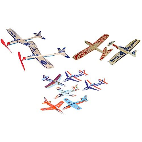 Balsa Wood and Foam Outdoor Toy Airplane Set - 2 Sky Streak Balsa Wood Rubberband Propellor Planes, 2 Super Hero Balsa Wood Glider Planes, and 6 Foam Model Plane Kits in 1 Set
