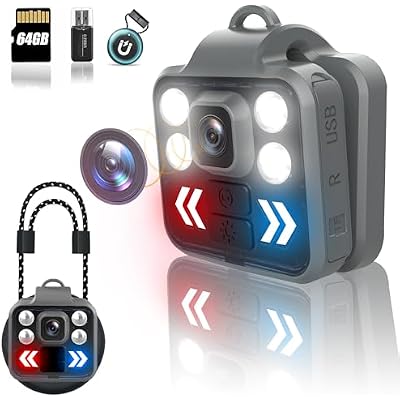 Body Camera with Audio & Video Recording - 1080P Mini Small Portable 64G Cam Recorder - LED Flashlight Waterproof Cam- for Child Pet Home Outdoor Fishing Camping Grey-with Magnetic Lanyard