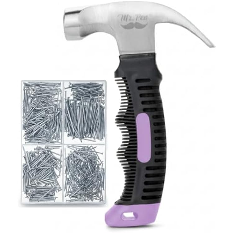 Mr. Pen- Nail Assortment Kit and 8oz Small Hammer for Picture Hanging, Purple Hammer, 600 pcs Small Nails for Hanging Pictures