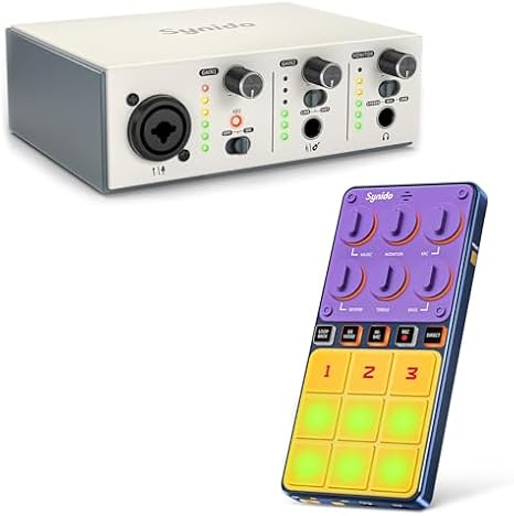 Synido Solo USB C Audio Interface for Recording Music, Streaming, Podcasting and Portable Wireless USB Audio Interface, Rechargeable Live Sound Card DJ Audio Mixer with Built-in Mic
