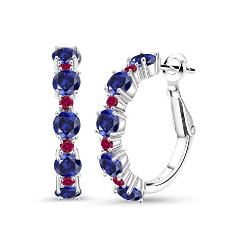 Gem Stone King 925 Sterling Silver Gemstone Birthstone and Created Ruby Hoop Earrings for Women | Round Cut 4MM and 1.9MM Stones | 1 Inch Diameter Hoops | Fine Jewelry for Her Mom Wife Women