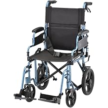 NOVA Transport Chair Lightweight Folding Aluminum Wheelchair with Flip-Up Arms, Locking Handbrakes, 8 & 12 All-Terrain Wheels Collapsible Travel Chair for Adults up to 300 lbs - Blue