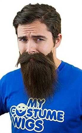 Mens Fake Beard & Mustache Set Brown Costume Beard Realistic Facial Hair for Halloween, Cosplay, Theater & Parties (Adult)