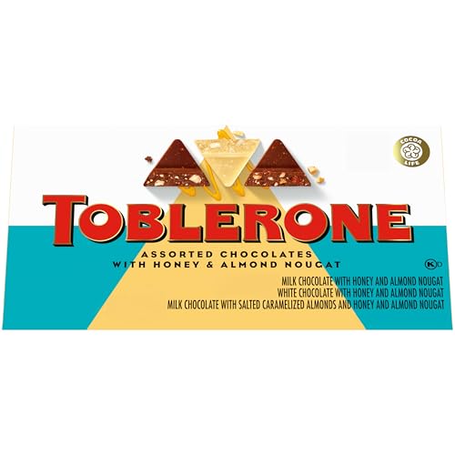 TOBLERONE Assorted Chocolate Bars Variety Pack Milk, White, Salted Caramelized Almonds, Bulk Chocolate, 1 Gift Box 9 Bars