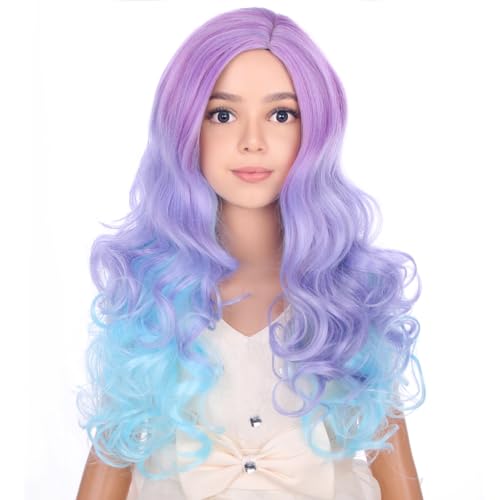 Long Purple Blue Wig for Kids Child Curly Wavy Purple Pink Wigs Girls Purple Mixed Blue Wig Colored Synthetic Wigs