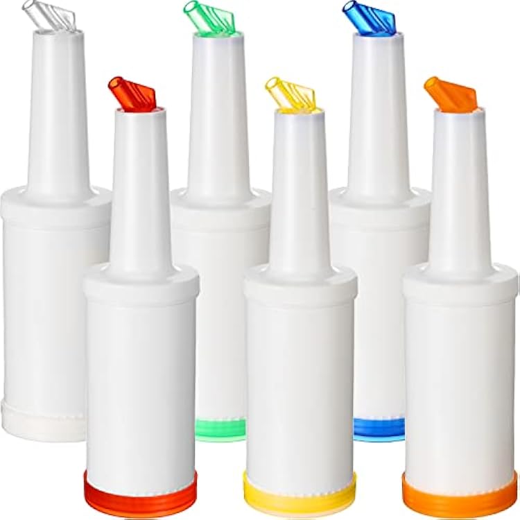 CHENGU 6 Pcs Bar Pour Colorful Juice Pouring Bottle Containers 34 oz Plastic Juice Dispensers for Bar Home Party Kitchen Supplies White,Orange,Red,Yellow,Blue,Green