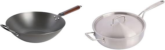Babish Carbon Steel Flat Bottom Wok and Stir Fry Pan, 14-Inch & Tri-Ply Stainless Steel Professional Grade Saute Pan w/Lid, 5-Quart