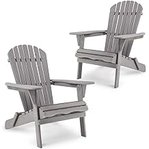 Folding Adirondack Chair Set of 2 Solid Wood, 300 LBS Outdoor Patio Chairs Set of 2, Tall Comfortable Fire Pit Chair for Garden/Yard/Patio/Lawn, Grey