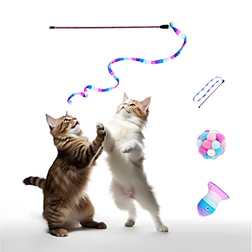 TUSATIY Cat Toys 3 Pack Set - Rainbow Cat Wand, String & Ball with Bell & Catnip, Interactive Kitten Toys for Indoor Play Purple Fish