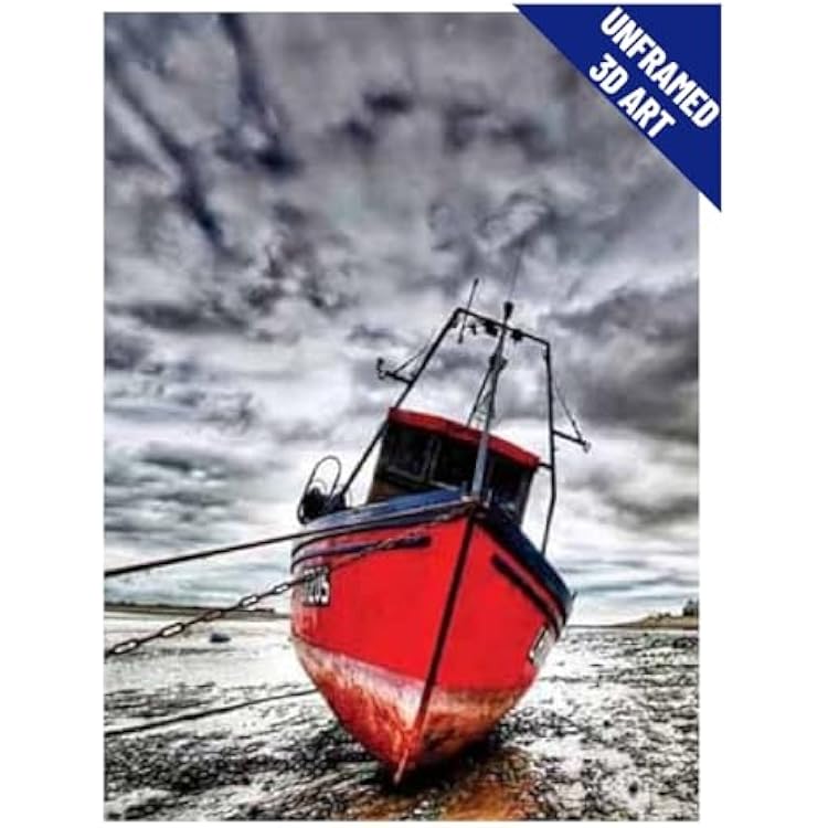 Red Boat 5D  3D Poster Wall Art Decor Print | 15.7x15.7 | Lenticular Posters & Pictures | Photo Memorabilia Gifts for Guys & Girls Bedroom | Rustic Modern Black & White Artwork for Vintage Home Walls