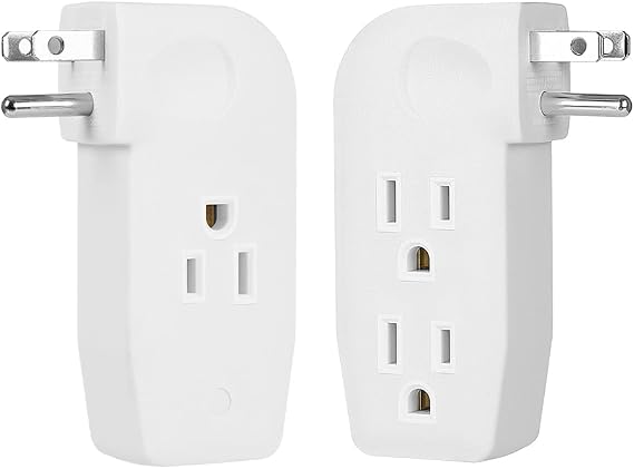 3 Way Vertical Outlet Wall Tap Outlet Splitter Extender with 3 Prong Plug for Behind Furniture, Turn One Outlet Into Three, 1 Outlet on One Side and 2 on the Other, White, ETL Listed, 2Pack