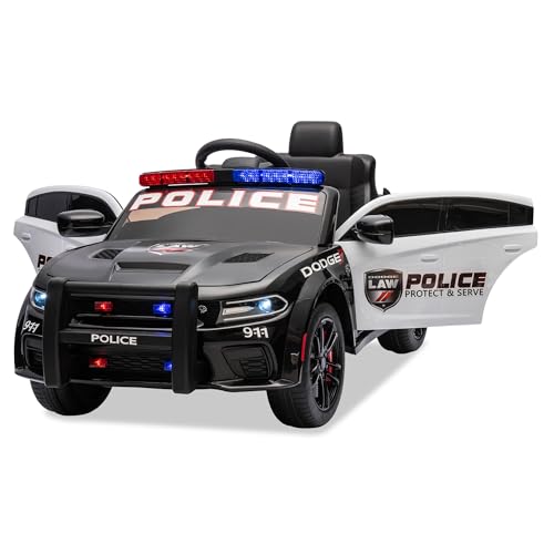 Track Seven 12V Kids Ride on Electric Police Swat Car for Ages 3-8 Years Licensed Dodge Vehicles with Parent Remote Control Toys for Boys Girls 4 Wheels Lights USB Music 3 Speeds Outdoor, Black