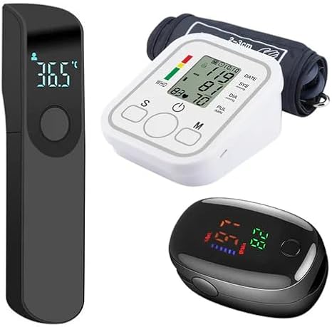 Automatic Tonometer Arm Blood Pressure Monitor Pressure Sensor Monitor BP Equipment Digital Tensiometer LED Display Arm Cuff Manometer Thermometer Oximeter (3 in 1) (Type 2)