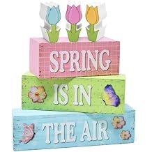 6 Pcs Spring Table Decorations Tulip Flower Wooden Block Signs Tabletop Centerpieces Farmhouse Distressed Easter Decor for Home Kitchen Shelf Tiered Tray Decor