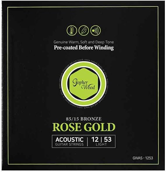 Gopher Wood Rose Gold Acoustic Guitar Strings, 85/15 Bronze, Light 12-53, Pre-coated