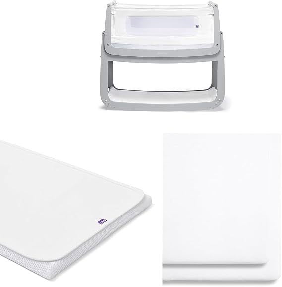 SnuzPod 4 Bedside Crib Bundle - Rocking Next to Me Crib with Matress (Dove) + Waterproof Matress Protector + 2 Pack White Fitted Sheets