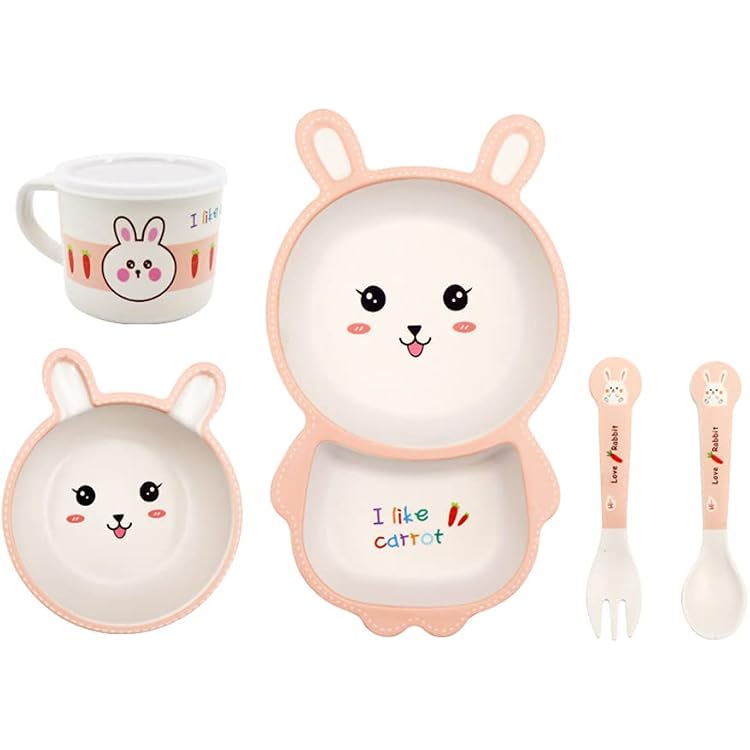 Bamboo Kids Dinnerware Set 5 Pcs Includes Plate Bowl Cup Fork Spoon Perfect for Kids BPA-Free Rabbit