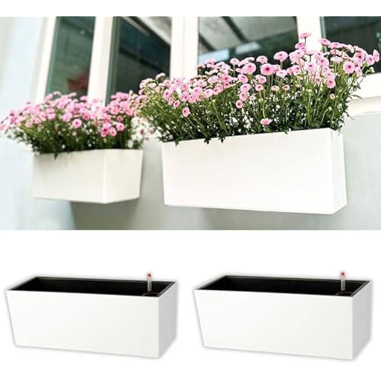 LaLaGreen Wall Planter for Outdoor 2 Pack, 14 Inch Wall Mounted Self Watering System White Flower Box with Bracket, Window Wall Hanging Rectangular Plant Pot Container Indoor Modern Herb Kitchen
