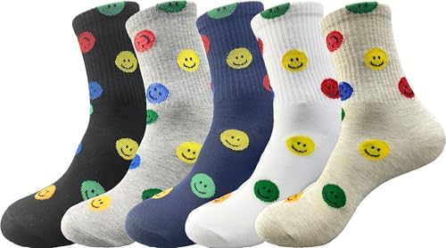 Smiley Face Embroidered Crew Socks Candy Color Boot Sock Cute Graphic Dress Socks for Women, Ladies, Girls