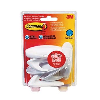 Designer Hooks, Medium, Plastic, White, 3 lb Capacity, 6 Hooks and 12 Strips/Pack