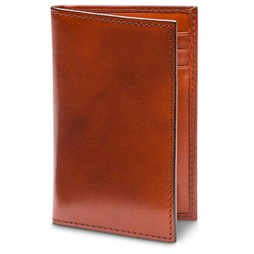 Bosca Mens Leather Card Holder Wallet Italian Full Grain Vegetable Tanned Credit Card Case 6 Card Slots, 2 Receipt Wells Classic Glossy Finish Gift-Ready Packaging - Amber Brown