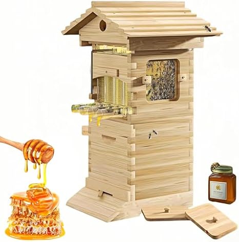 Beehive Starter Kit with Observation Window and Honey Spout, Complete Beekeeping Box, Includes Carpenter Bee House for Pollination