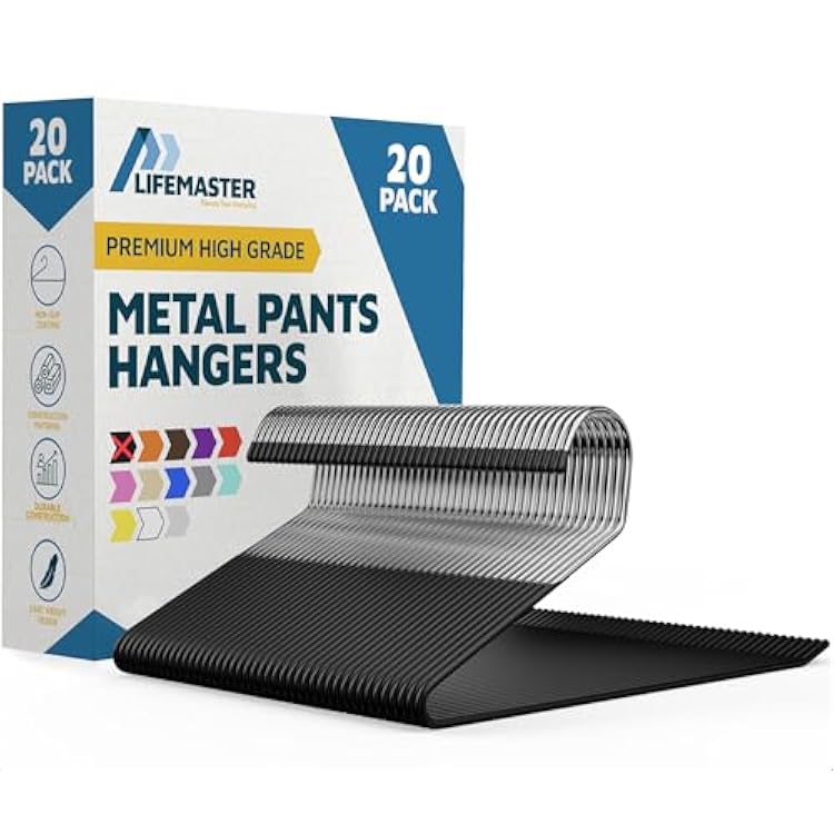 Lifemaster Metal Pants Hanger Set - 20 Pieces Elegant Non-Slip Closet Space Saving Hanger Set for Pants, Trouser, Blankets, and Jeans with Rubber Coating and Open Ended Sleek Design - Black