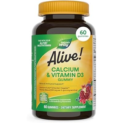 Natures Way Alive! Chewable Calcium Gummies with Vitamin D3, Daily Supplement Supports Healthy Bones and Teeth, and Muscle Function, Strawberry and Raspberry-Lemonade Flavored, 60 Gummies