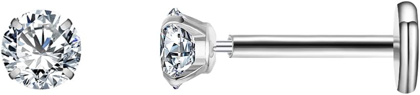 VOJO G23 1Titanium 18G Flat Back Stud Earrings,2 Pcs CZ Threadless Push Pin Tragus Cartilage Lip Piercing Jewelry