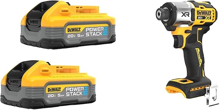 DEWALT Powerstack 20V MAX Battery, Rechargeable, 5Ah, Lithium Ion, 2-Pack DCBP520-2 &amp; 20V MAX XR Impact Driver, Brushless, 14, 3-Speed, Bare Tool Only DCF845B, Yellow, Black