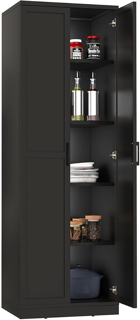 TANGZON Tall Kitchen Cupboard, 5-Tier Storage Cabinet with 2 Adjustable Shelves, Doors & Anti-tipping Device, Freestanding Wooden Tall Sideboard Unit for Pantry Dining Living Room (Black)