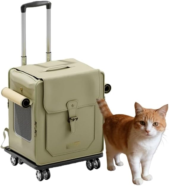 Cat Carrier for Large Cats, Lightweight Pet Carry Bag, Carrying Case with Telescopic Handle, Trolley Type, Rear Backpack, Dual-Purpose, Portable, Pet House, Maine Coon, Rug Doll Green