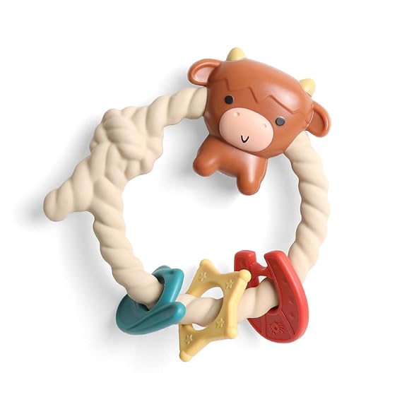 Itzy Ritzy Silicone Teether with Rattle Rattle Teether Features Rattle Sound, Three Silicone Teething Rings and Raised Texture to Soothe Gums Ages 3 Months and Up (Highland Cow)