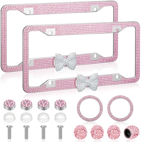 8 Pcs Pink Car Accessories, Bling License Plate Frames with White Bow, Diamond Tire Valve Stem Caps and Start Stop Decorative Rings for Women Gifts Car Decoration