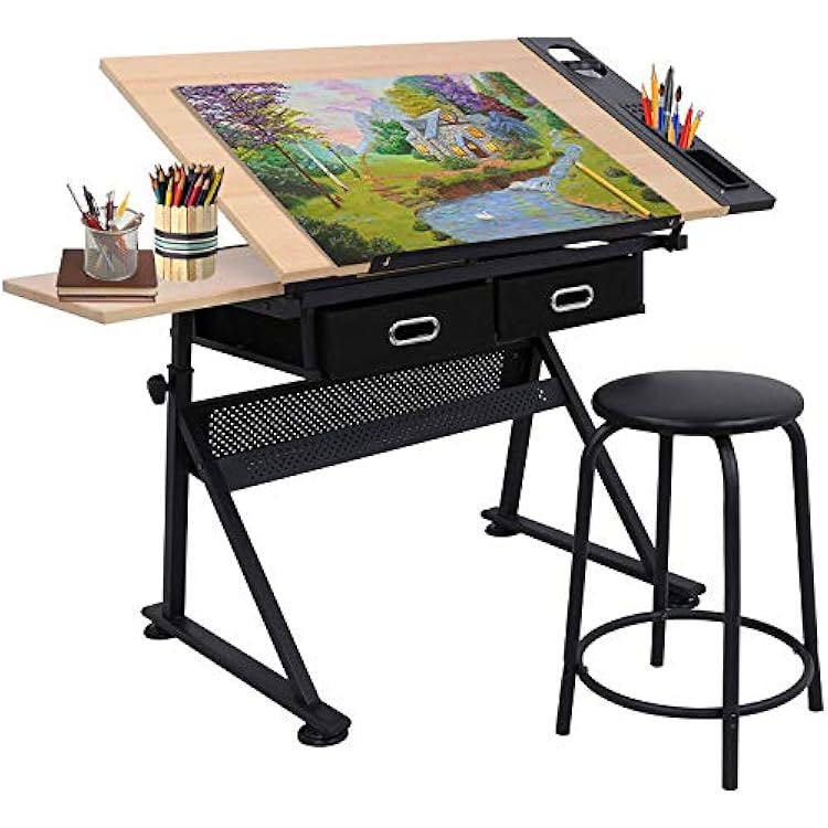 Drafting Table Drawing Desk Reclining Tiltable Tabletop Bundle Set with Stool and 2 Storage Drawers Art Writing Reading Workstation for Office and Home