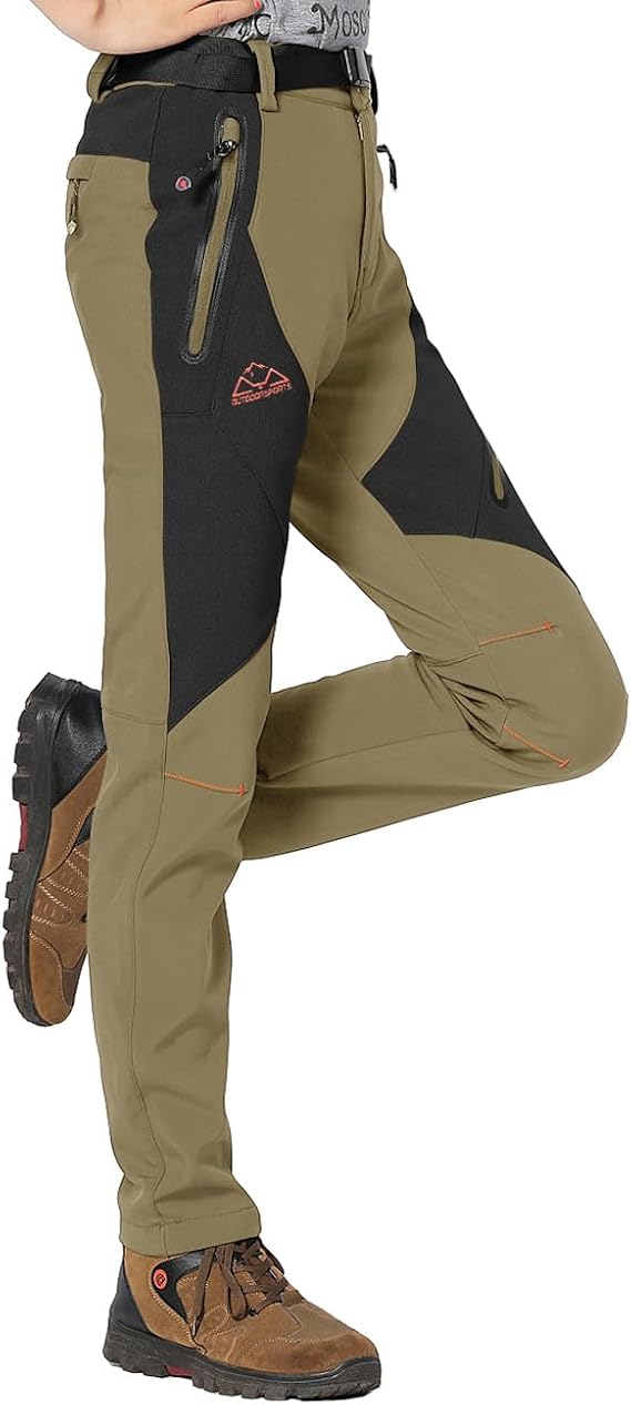 Rdruko Womens Fleece Lined 4 Zip Pockets Trousers | Ladies Waterproof Winter Thermal Outdoor Work Camping Hiking Ski Pants Warm Snow Softshell Partial Elastic Waist Workwear