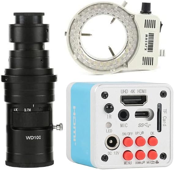 4K UHD Digital Microscope TF HDMI USB Type-C 3.0 Industrial Electronic Microscope Camera & 200X C-Mount Lens Whit 56-LED Adjustable Ring Light