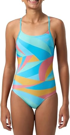 Speedo Girls Thin Strap One Piece Swimsuit (US, Alpha, Medium, Regular, Aqua/Mango)