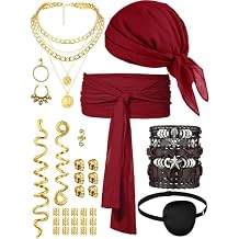 Fourluoo 31 Pieces Pirate Costume Women Rave Accessories Pirate Hat Head Scarf Sash Belt Necklace Earrings for Cosplay Party