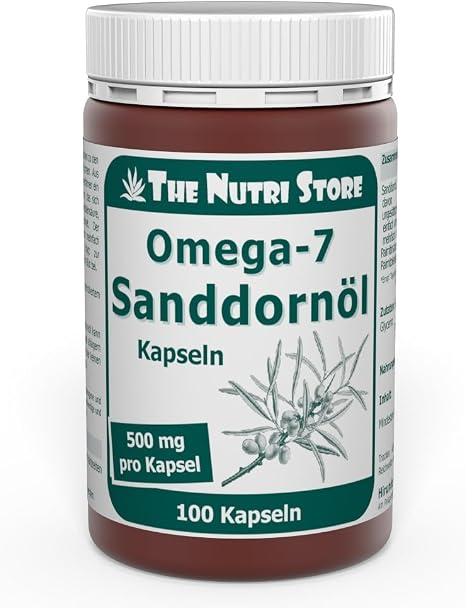Omega-7 Sea Buckthorn Oil 500 mg Capsules Pack of 100 - 1 Month Supply - The Nutri Store - Made in Germany