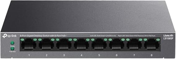 TP-Link LS108GP | 8-Port Gigabit PoE+ Switch | 62W PoE Bütçesi, 250m İletim, Tak ve Çalıştır | Fansız, Sessiz Metal Kasa | IP Kamera & AP Uyumlu Ağ Anahtarı | 8 Gigabit bağlantı noktası. PoE gücü 62 W. Tak ve çalıştır, yapılandırmaya gerek yoktur. Carcasa metálica. QoS.