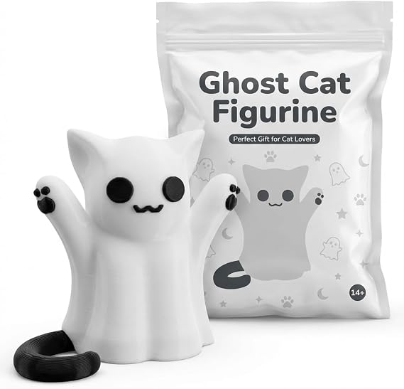 Ghost Cat Figurine | Kawaii Ghost Design with Black Eyes & Raised Paws | Unique Decorative Shelf Display | Charming Home Decor - 3D Printed in Canada