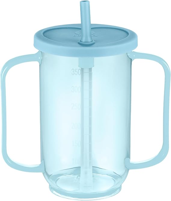Sliner Adult Sippy Cups for Elderly 12 oz Straw Sippy Cups with 2 Handles No Spill for Adults Spill Proof Dysphagia Cup for Disabled Patients(Blue)