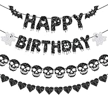 Black Glitter Happy Birthday Banner, Happy Birthday Party Decorations with Heart Skull Garland for Spooky Decorations Scary Theme Supplies